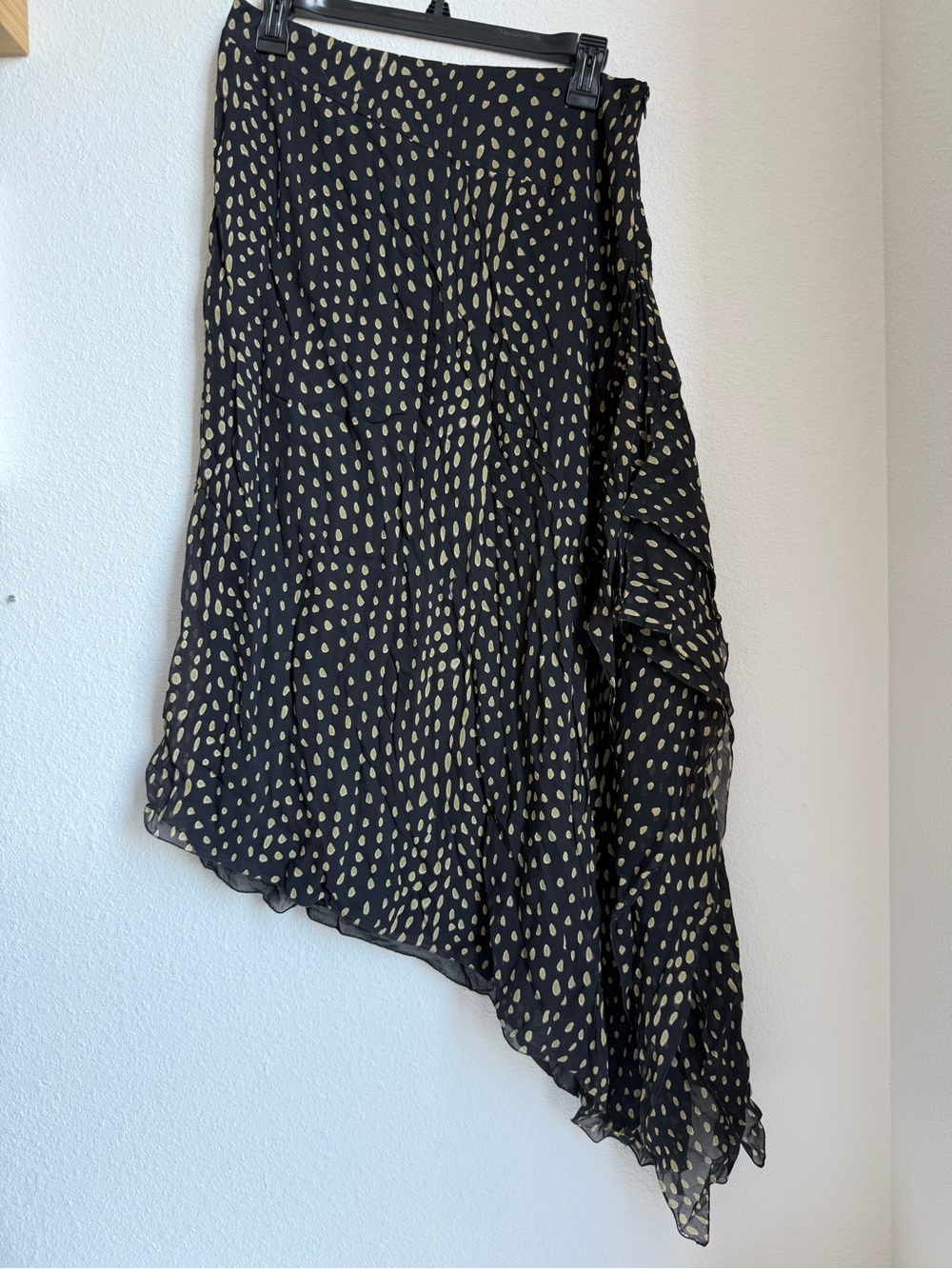 MaxMara Black Silk Asymmetrical Midi Skirt with Irregular Dot Print